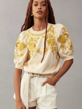 Anthropologie Embroidered Puff Sleeve Short Sleeve Sweatshirt Sz Small